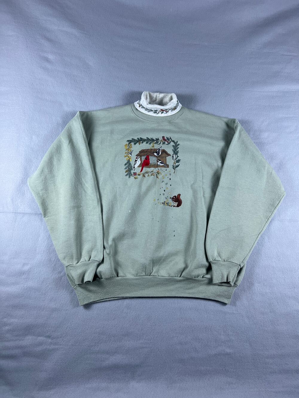 Vintage Artisans Sweatshirt Adult L Green Mock Neck Birds Squirrel Embroidered